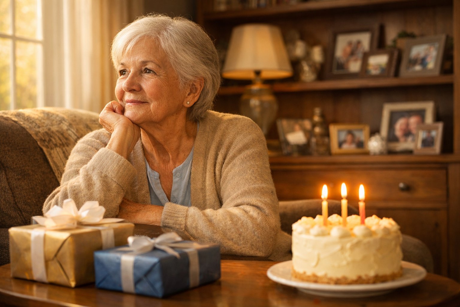 An elderly person sitting peacefully in a cozy living room surrounded by family photos and personal items, looking thoughtful and reflective.
