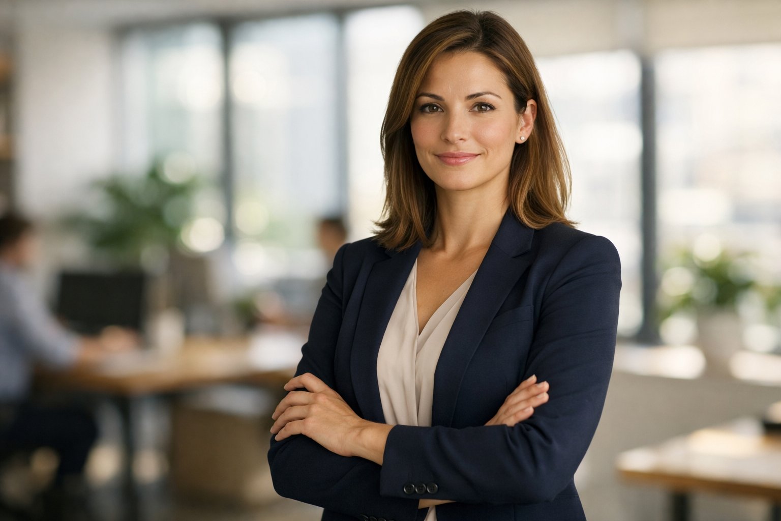 A confident woman in business attire standing in a bright office with a calm, proud expression.