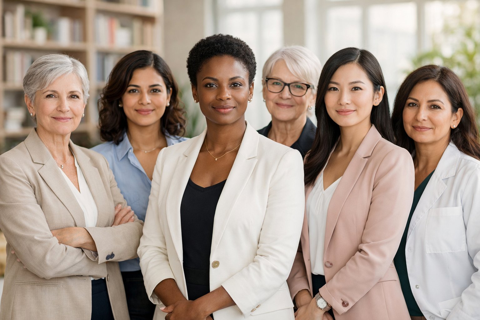A diverse group of women standing together confidently in a bright room, symbolizing achievement and empowerment.