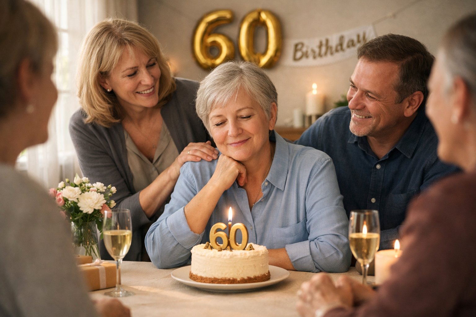 A mature person quietly celebrating a milestone birthday with a small cake and close family in a cozy living room.