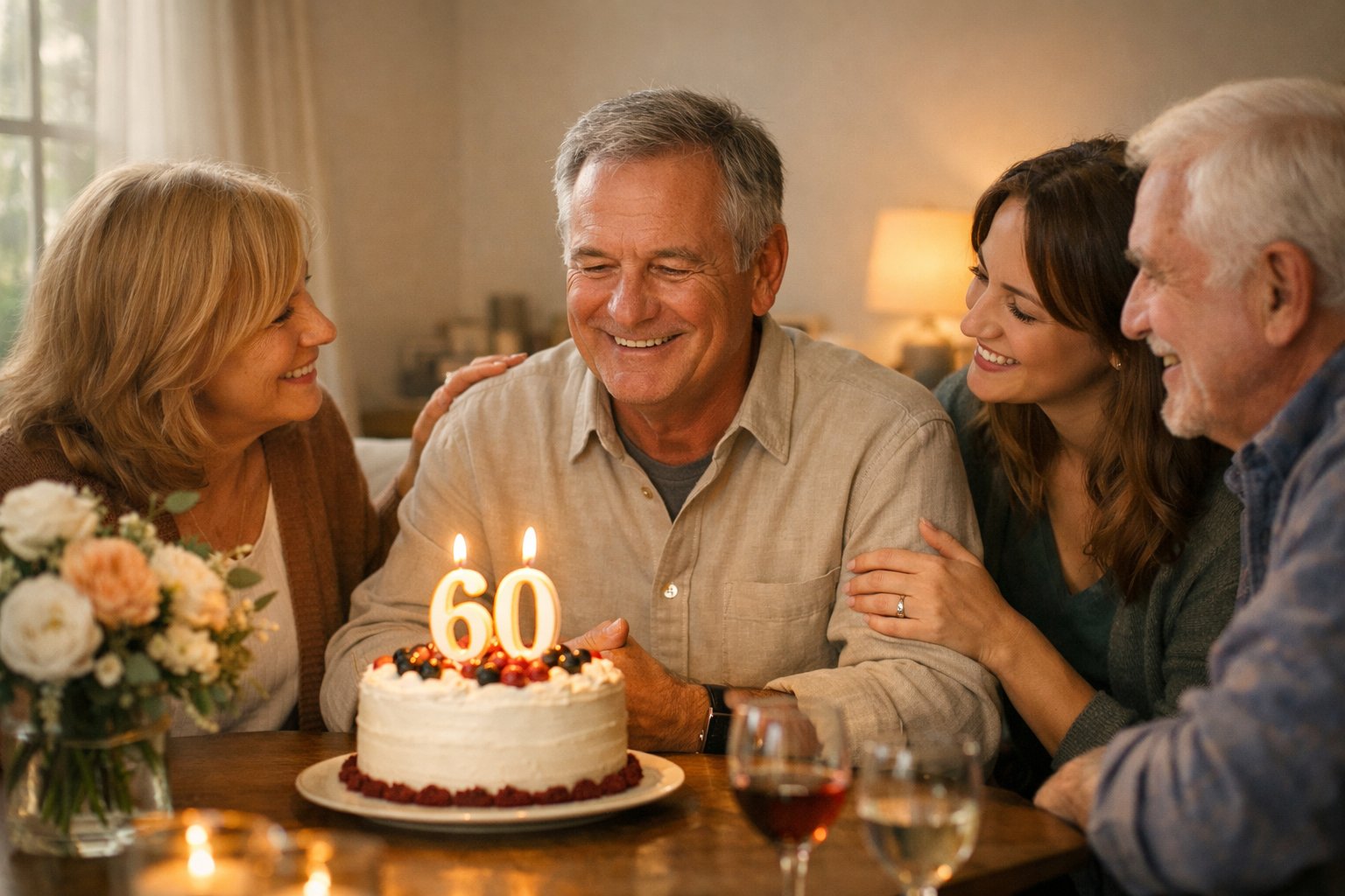 A mature person smiling warmly while surrounded by close family in a cozy room with a small birthday cake and soft natural light.