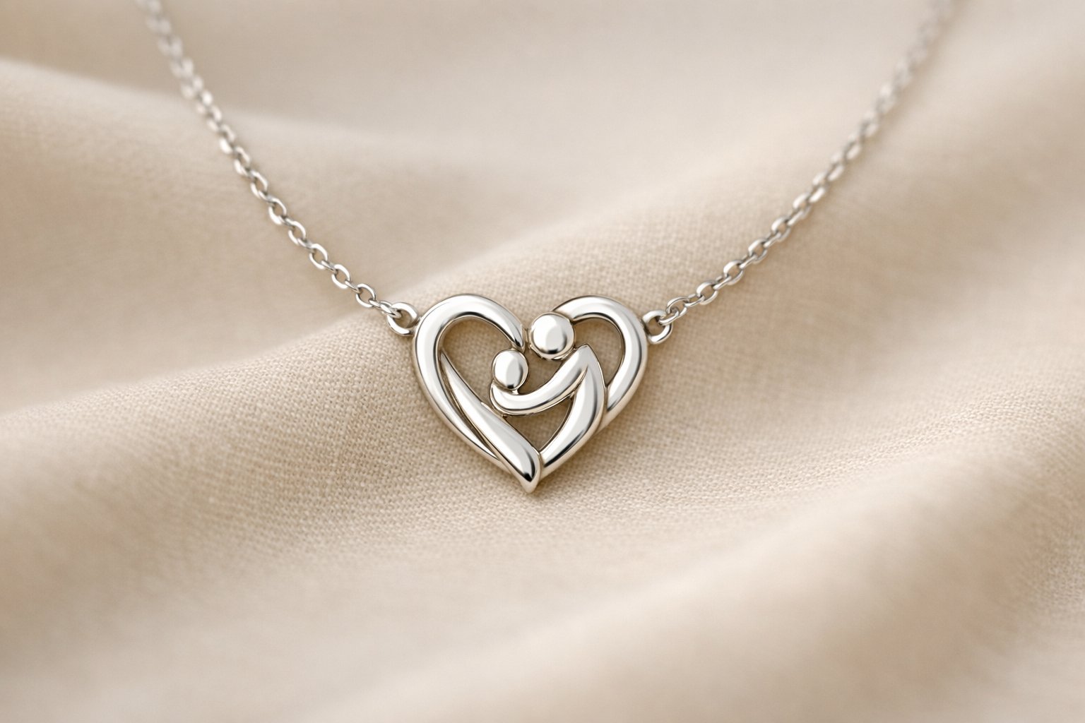 Close-up of a delicate necklace with a heart-shaped pendant resting on smooth fabric.