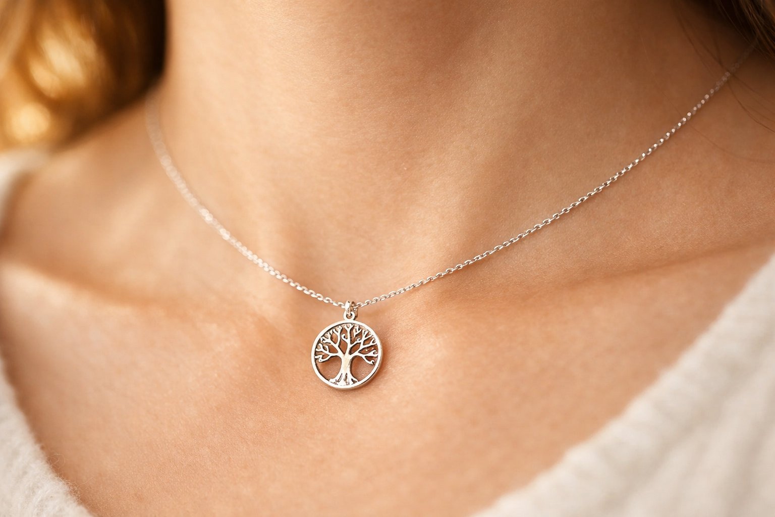 Close-up of a necklace with a small heart-shaped pendant resting on a person's collarbone.