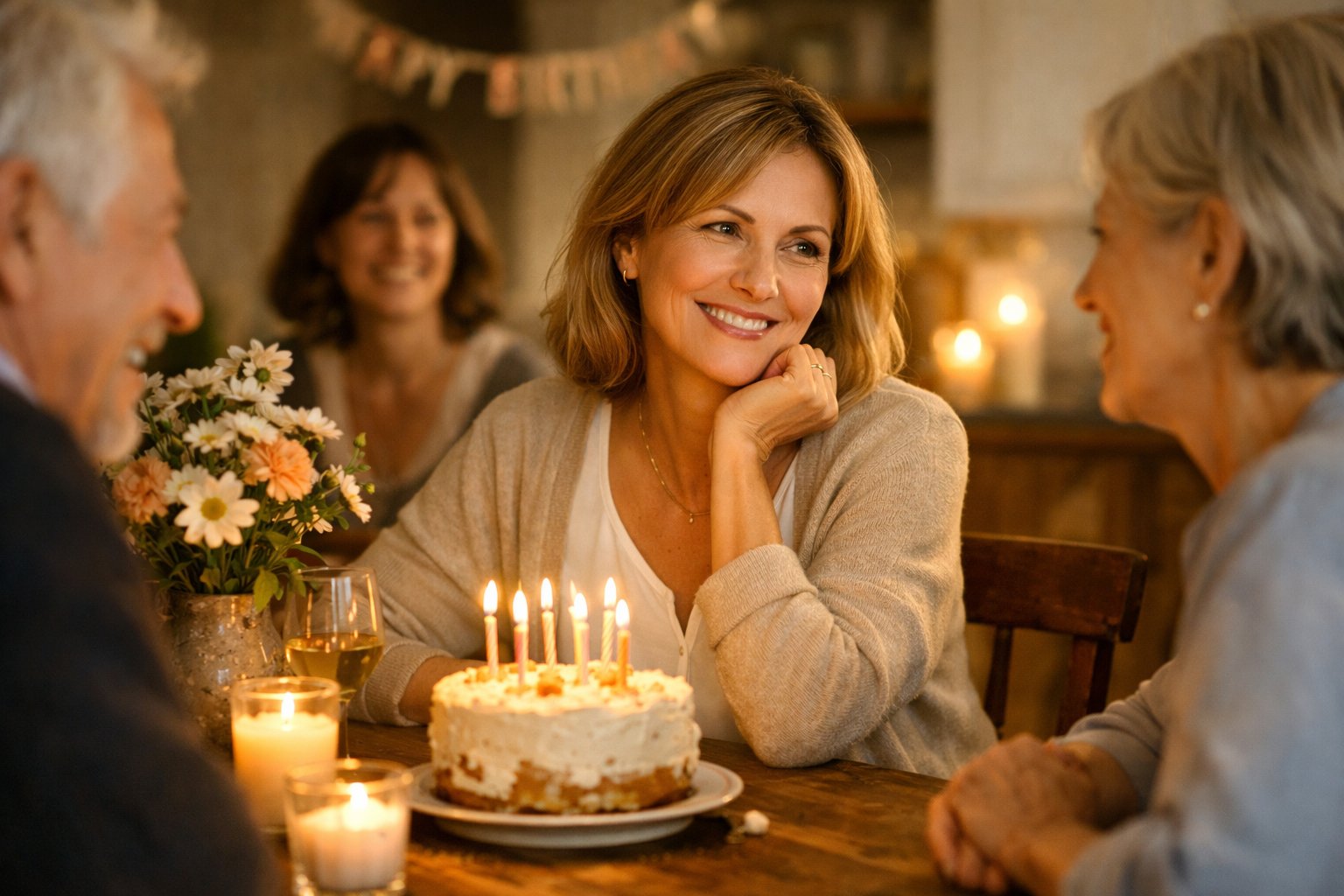 A woman in her mid-40s smiling and sharing a joyful moment with friends around a table with birthday candles and a cake.