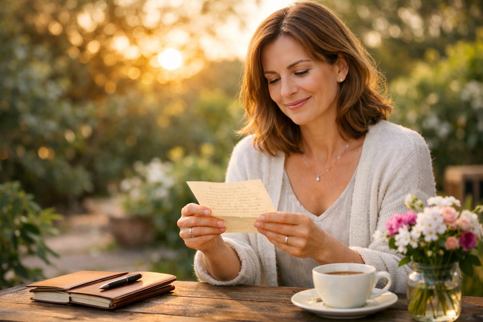 A woman in her early 40s outdoors in a garden, smiling gently while holding a small gift, surrounded by flowers and soft natural light.