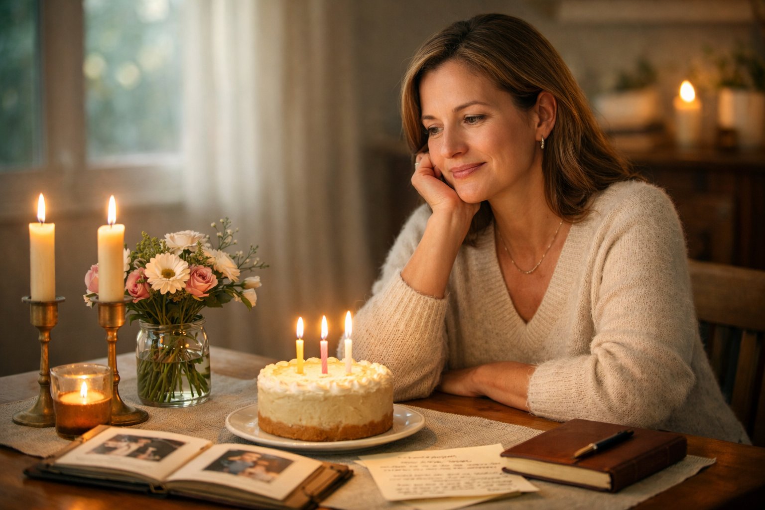 A woman over 40 sitting at a cozy dining table with a small birthday cake, candles, and flowers, looking thoughtful and content without any gifts around her.