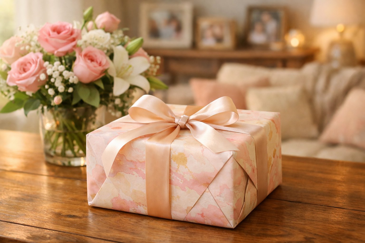 A wrapped birthday gift on a wooden table next to a bouquet of flowers in a cozy living room.