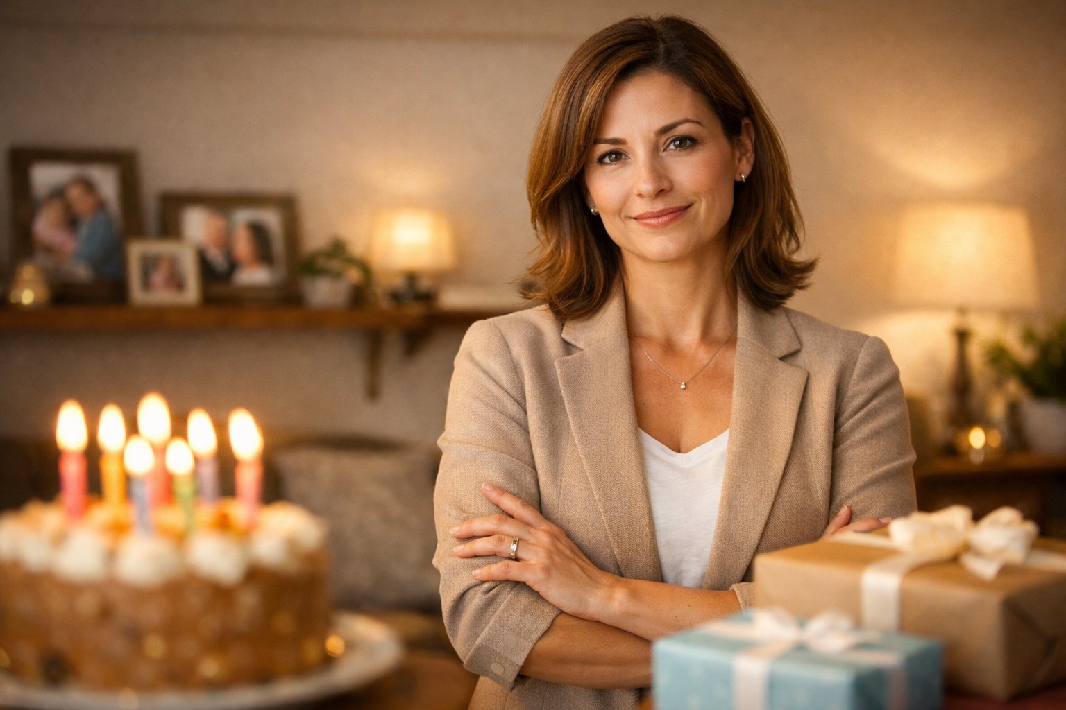 A woman standing in a cozy living room with a gentle smile, surrounded by birthday gifts and a cake.