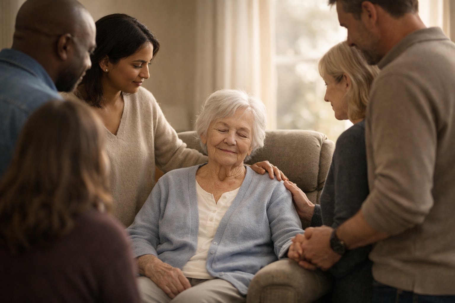 A group of people quietly gathered around an elderly person sitting in a chair, showing support and presence in a calm room.