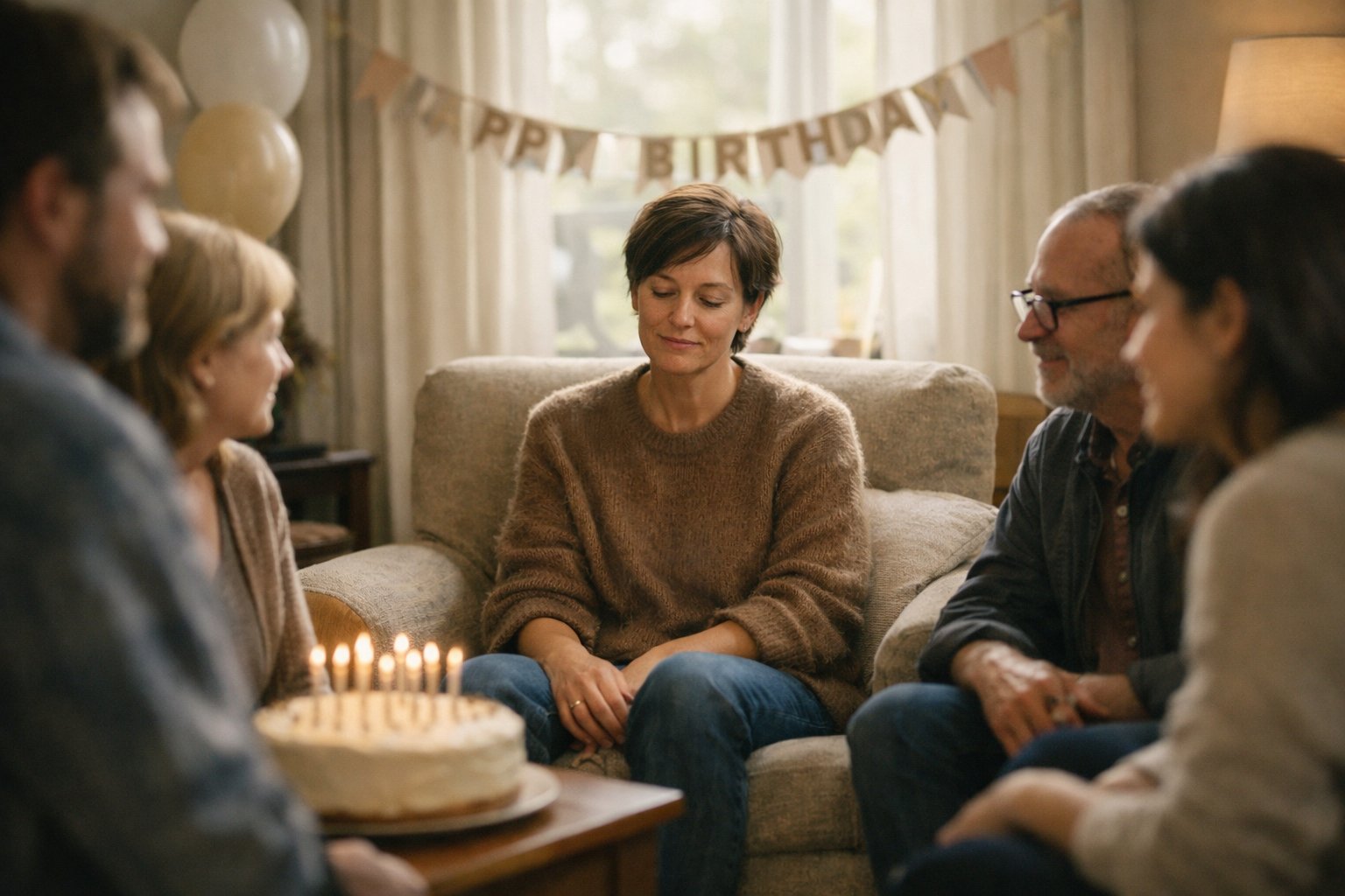 A person sitting quietly in a living room surrounded by close friends and family who look at them with gentle, supportive expressions during a birthday gathering.