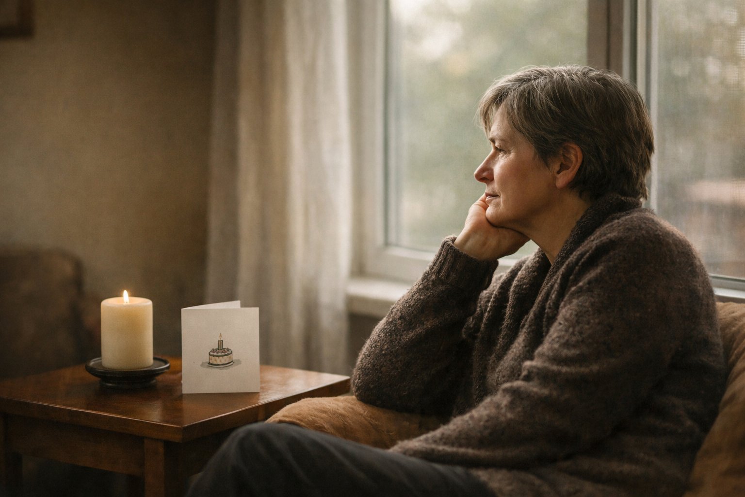 A person sitting alone by a window, looking thoughtfully outside with a candle and birthday card on a nearby table.