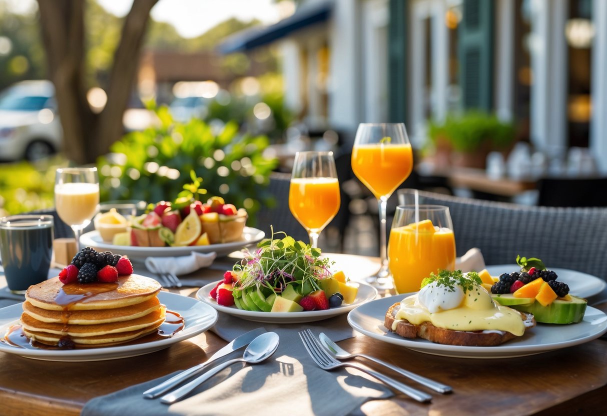 A sunny outdoor brunch table with pancakes, avocado toast, eggs Benedict, fruit salad, coffee, orange juice, and a mimosa, set in a garden café setting.