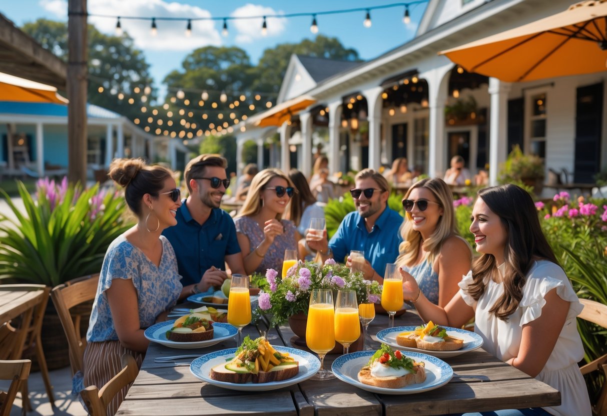 People enjoying brunch outdoors on a sunny patio with tables of food and drinks surrounded by plants and flowers.