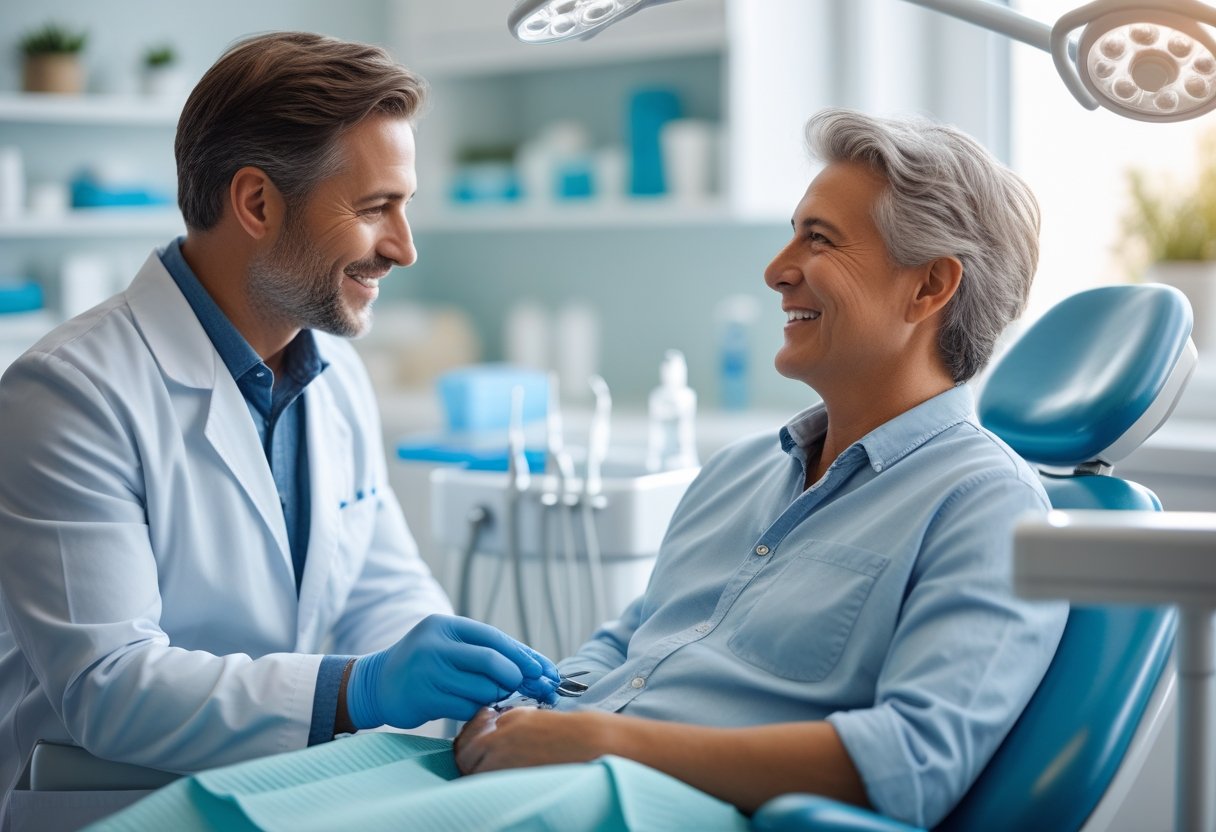 A dentist explains treatment options to a patient in a modern dental clinic while a dental hygienist prepares tools nearby.