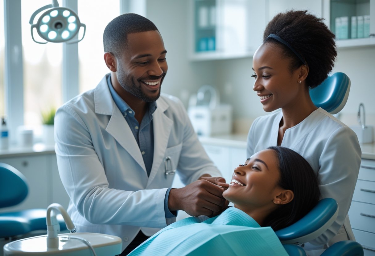 A dentist warmly talking with a patient in a modern dental clinic.