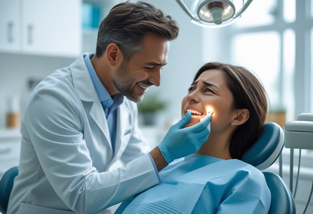 A dentist attentively examining a patient holding their cheek in a modern dental clinic.