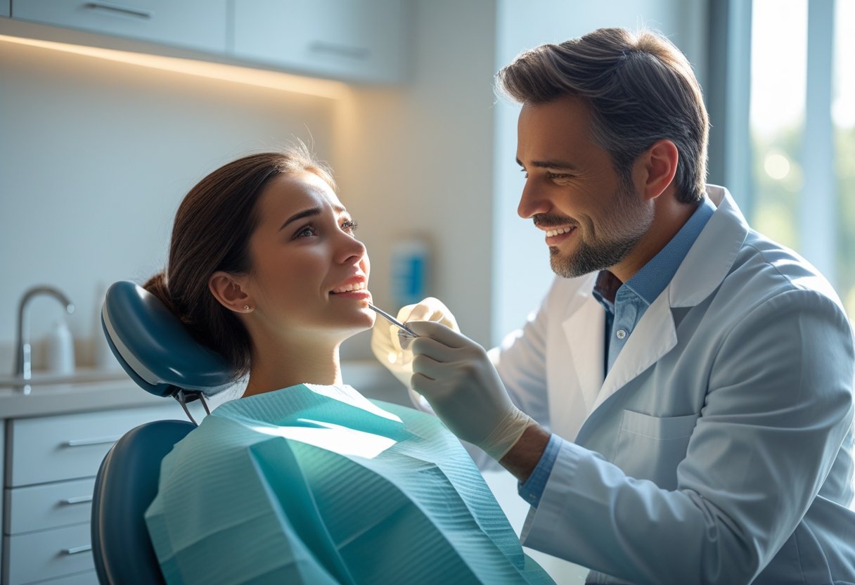 A dentist gently examining a patient's mouth in a modern dental clinic while the patient looks concerned but reassured.