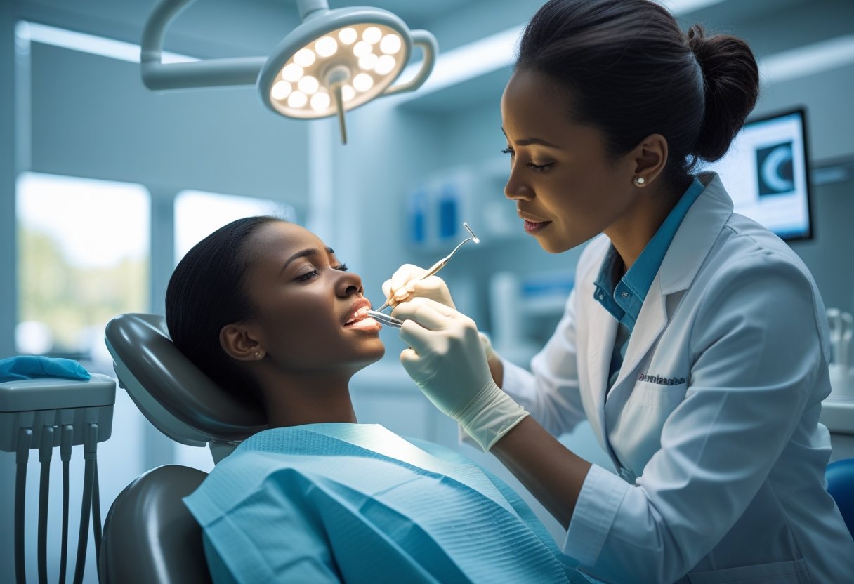 A dentist gently examining a patient in a dental chair inside a modern dental clinic during a dental emergency.