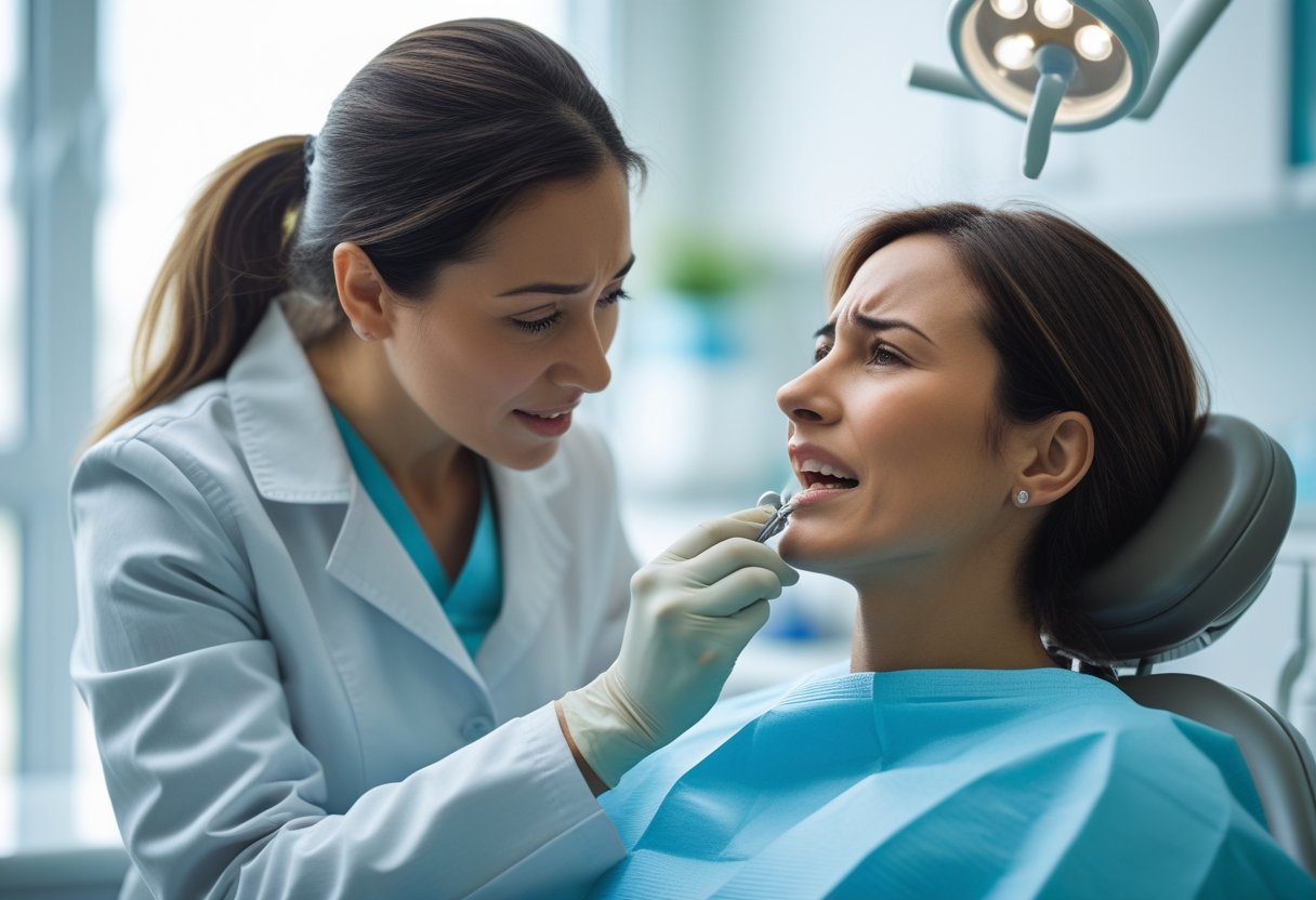 A dental professional attentively examining a concerned patient in a modern dental clinic.