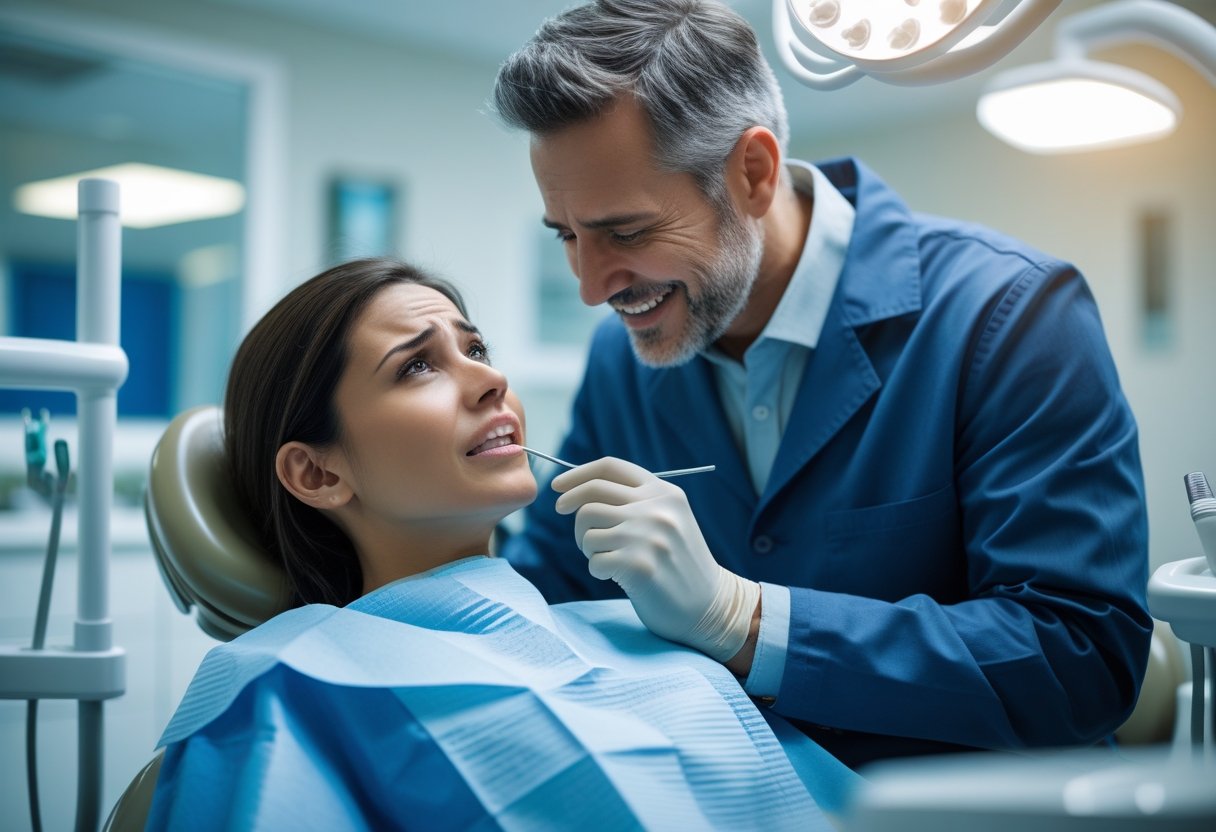 A dentist gently examining a patient in a modern dental clinic during a dental emergency.