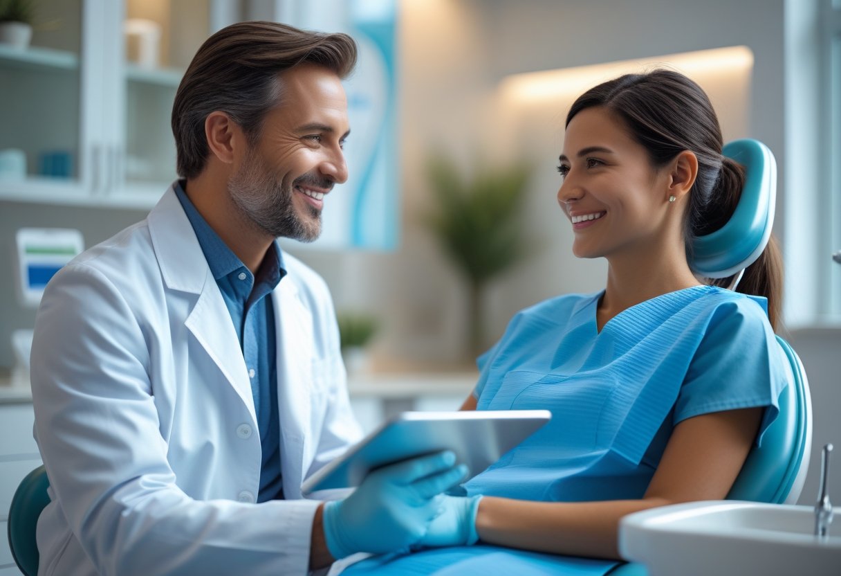 A dentist and patient having a friendly consultation in a modern dental clinic.