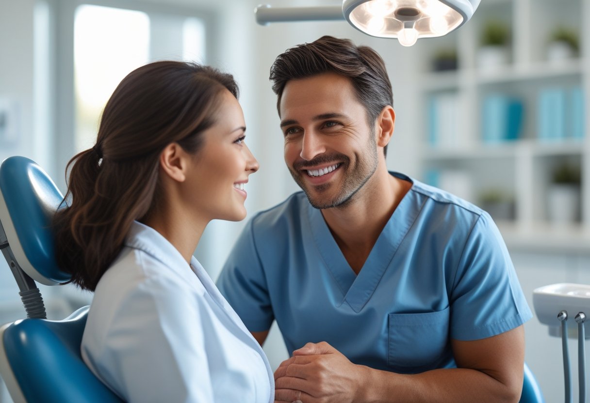 A dentist and patient talking during a dental consultation in a modern clinic.