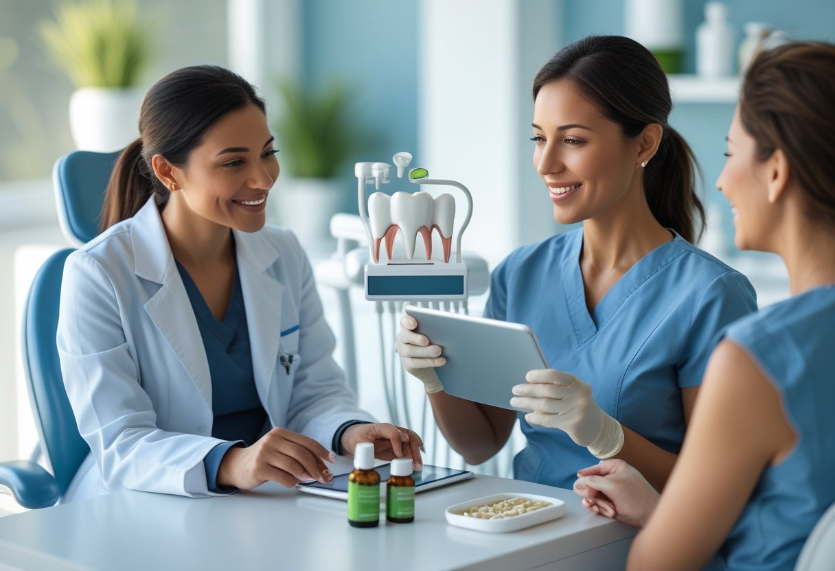 A dentist and an alternative dental care practitioner each interacting with a patient in a modern dental clinic, showing different dental care options.
