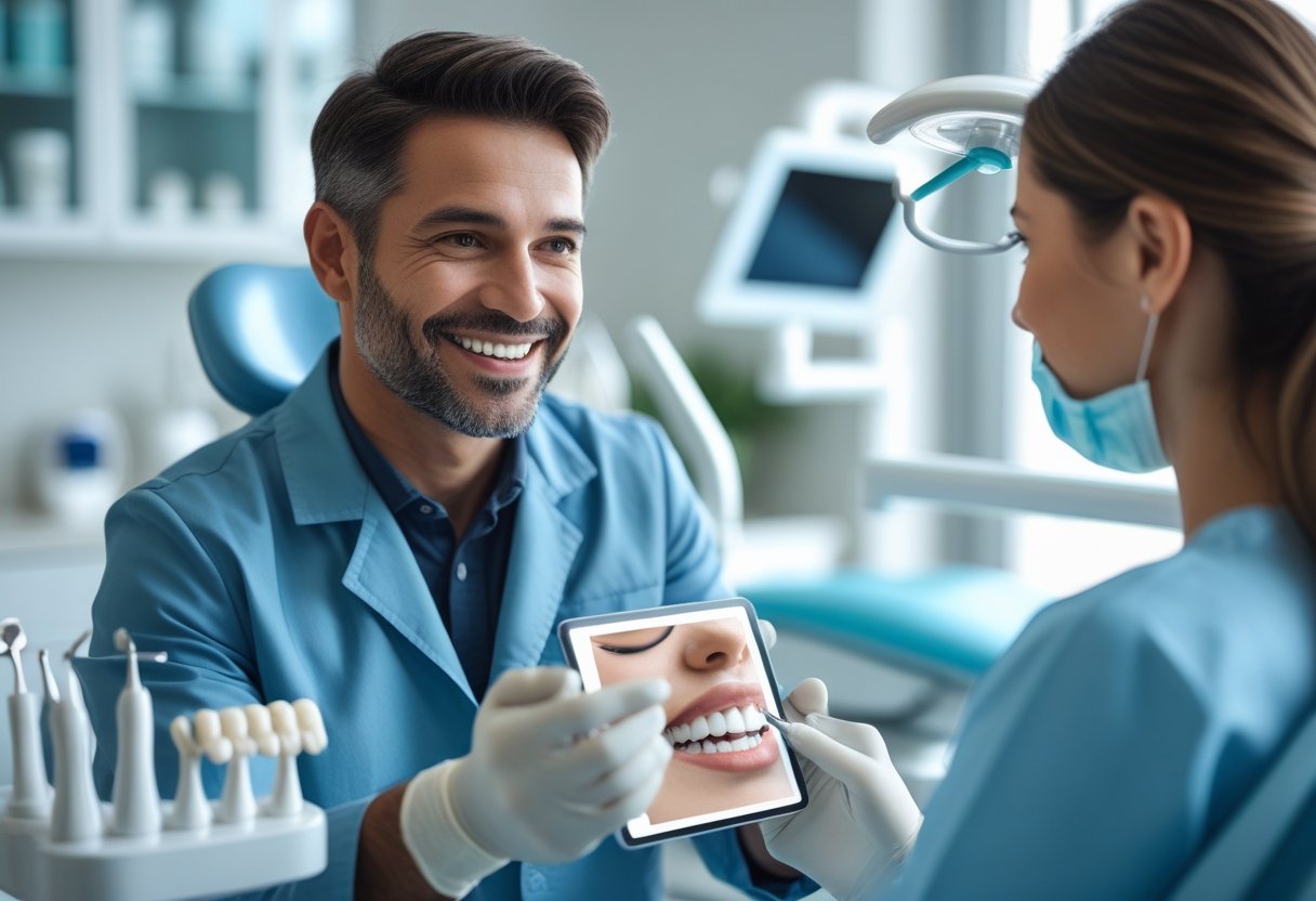 A dentist explaining dental care to a patient in a modern dental clinic.