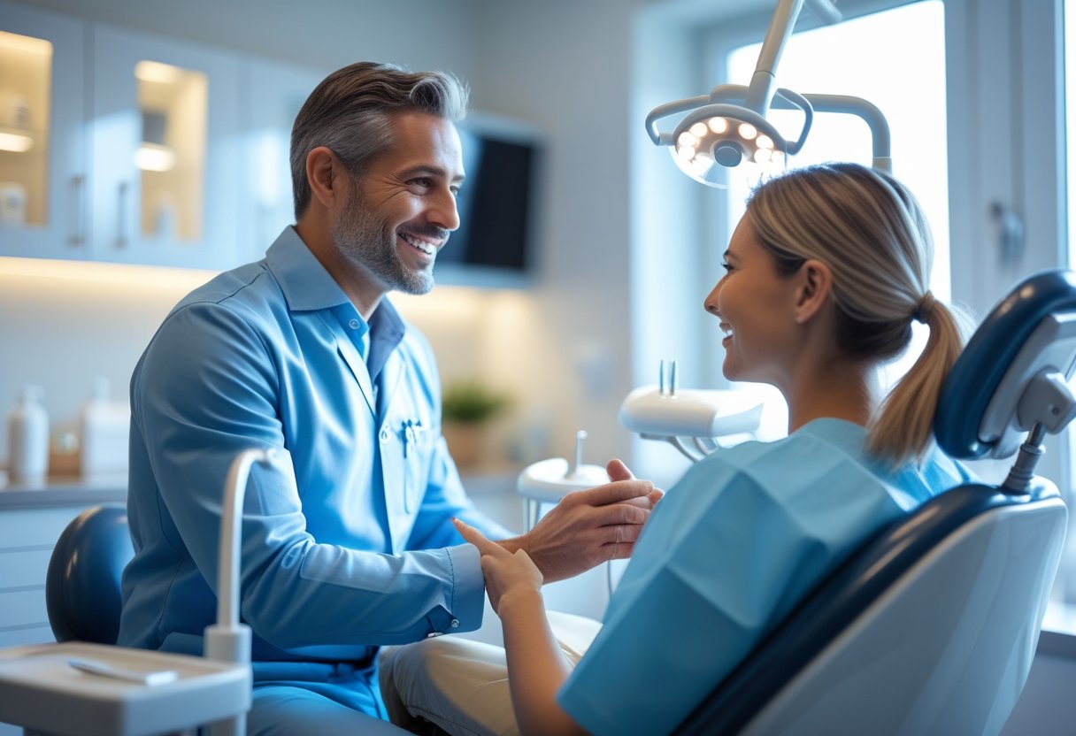 A dentist and patient talking in a modern dental clinic, discussing dental treatment options.