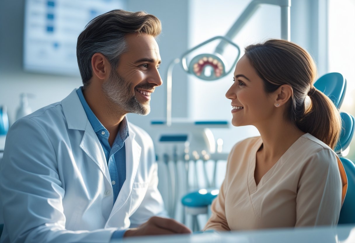 A dentist and patient having a friendly conversation during a dental consultation in a modern clinic.