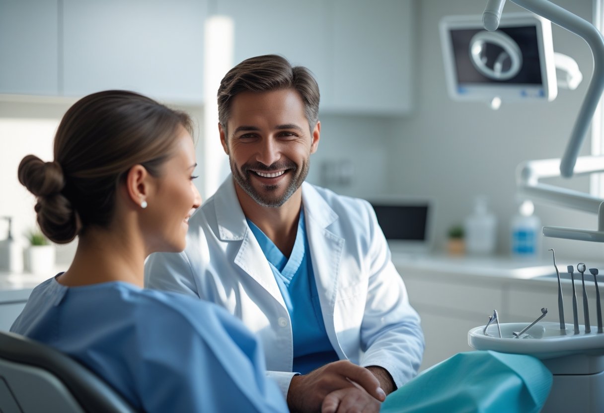 A dentist and patient having a friendly consultation in a modern dental clinic.