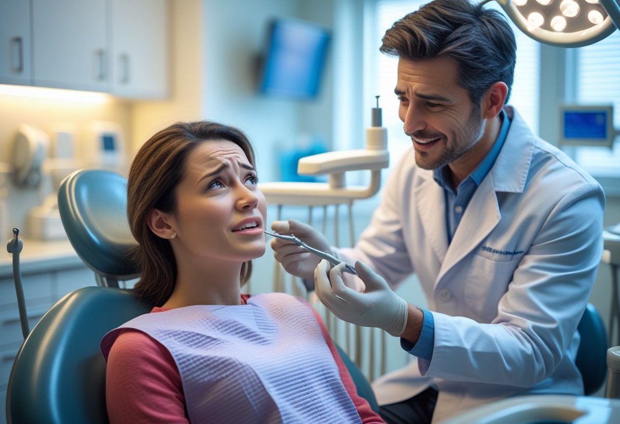 A dentist calmly explains dental emergency steps to a patient holding their cheek in a modern dental clinic.