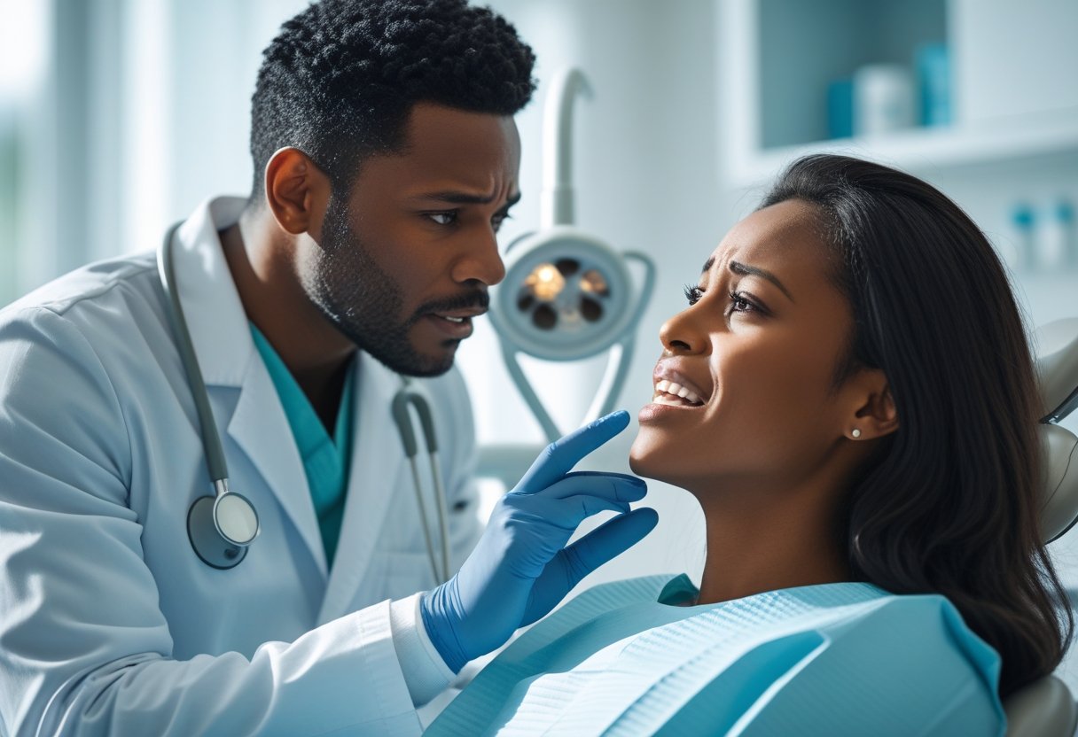 A dental professional talking to a patient in a modern dental clinic during a dental emergency.