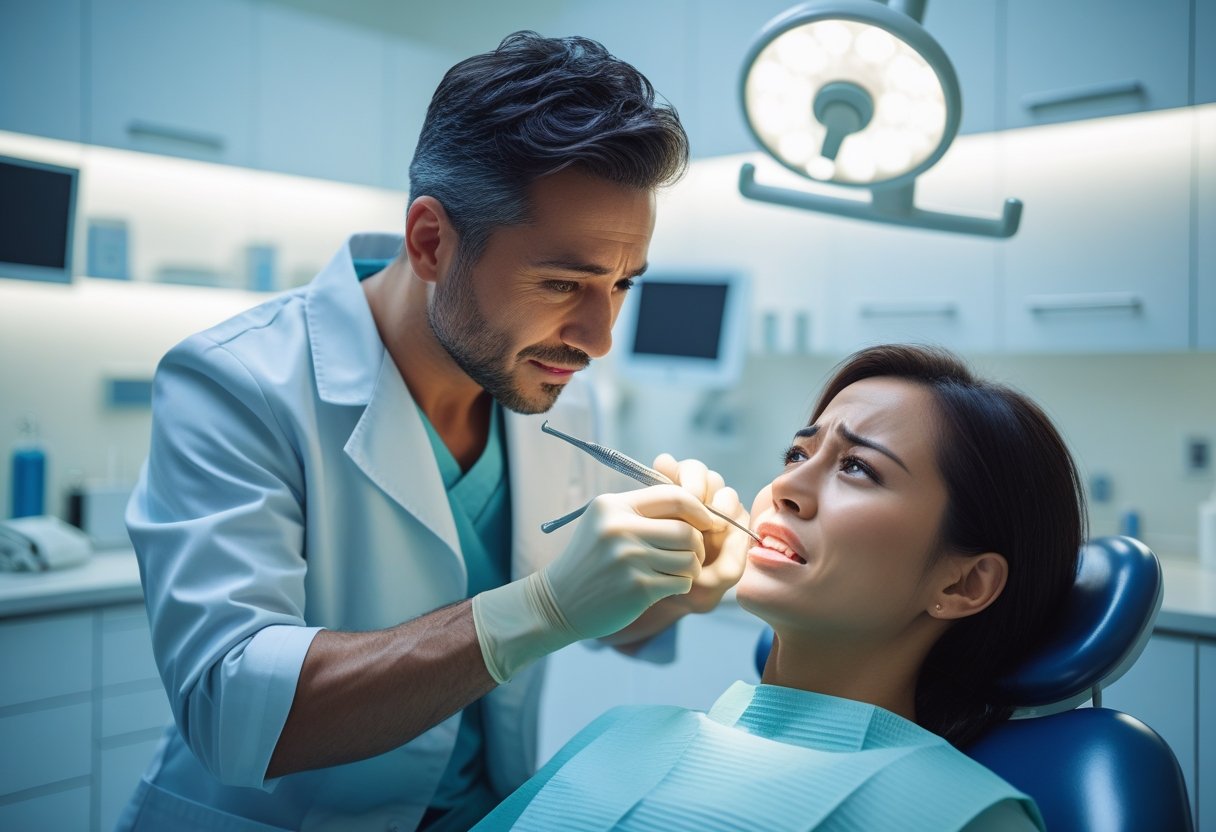 A dentist gently examining a young adult patient in a modern dental clinic.