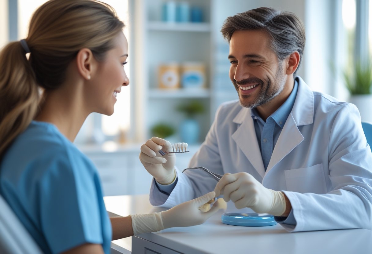 A dentist and patient interacting in a modern dental clinic, with dental tools and alternative care elements visible in the background.