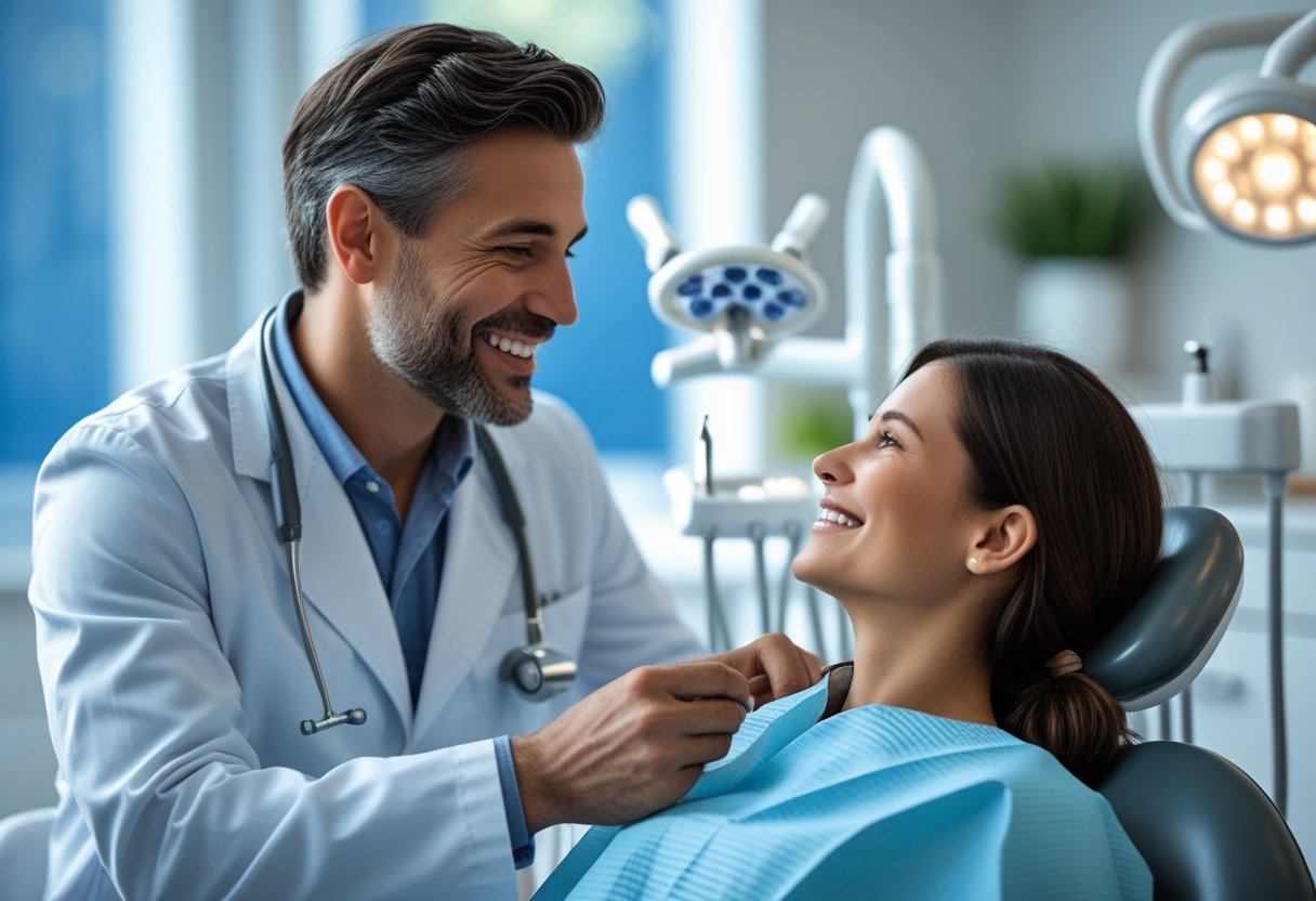 A dentist warmly talking to a patient in a modern dental clinic.