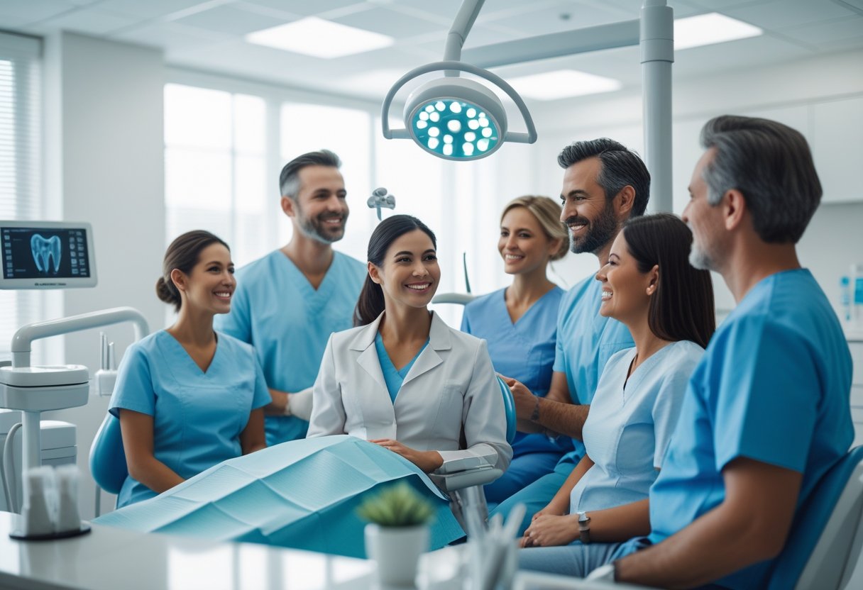 Dental professionals and patients interacting in a modern dental clinic with dental equipment in the background.
