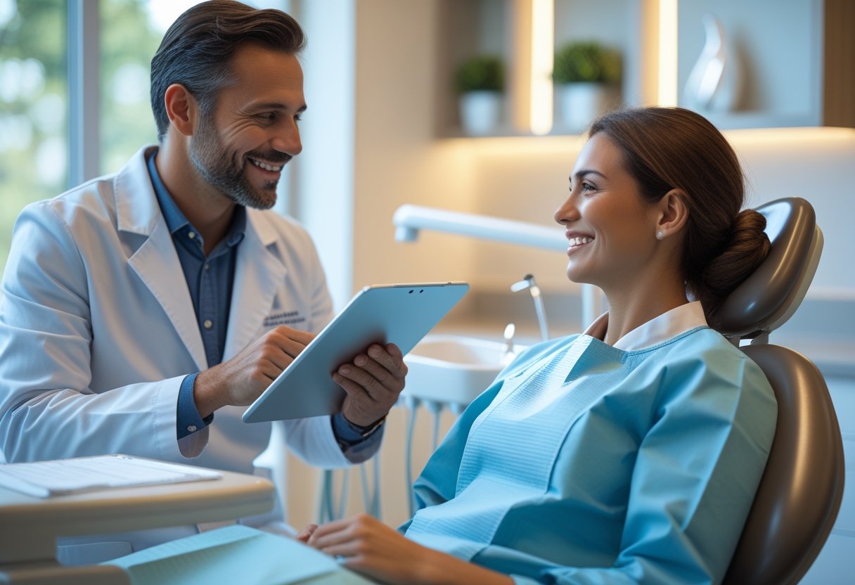 A dentist and patient having a friendly consultation in a modern dental clinic.
