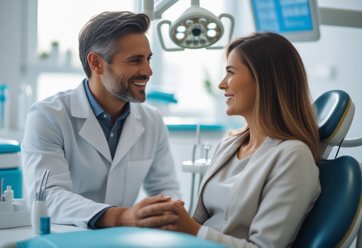 A dentist and patient having a friendly consultation in a modern dental clinic.