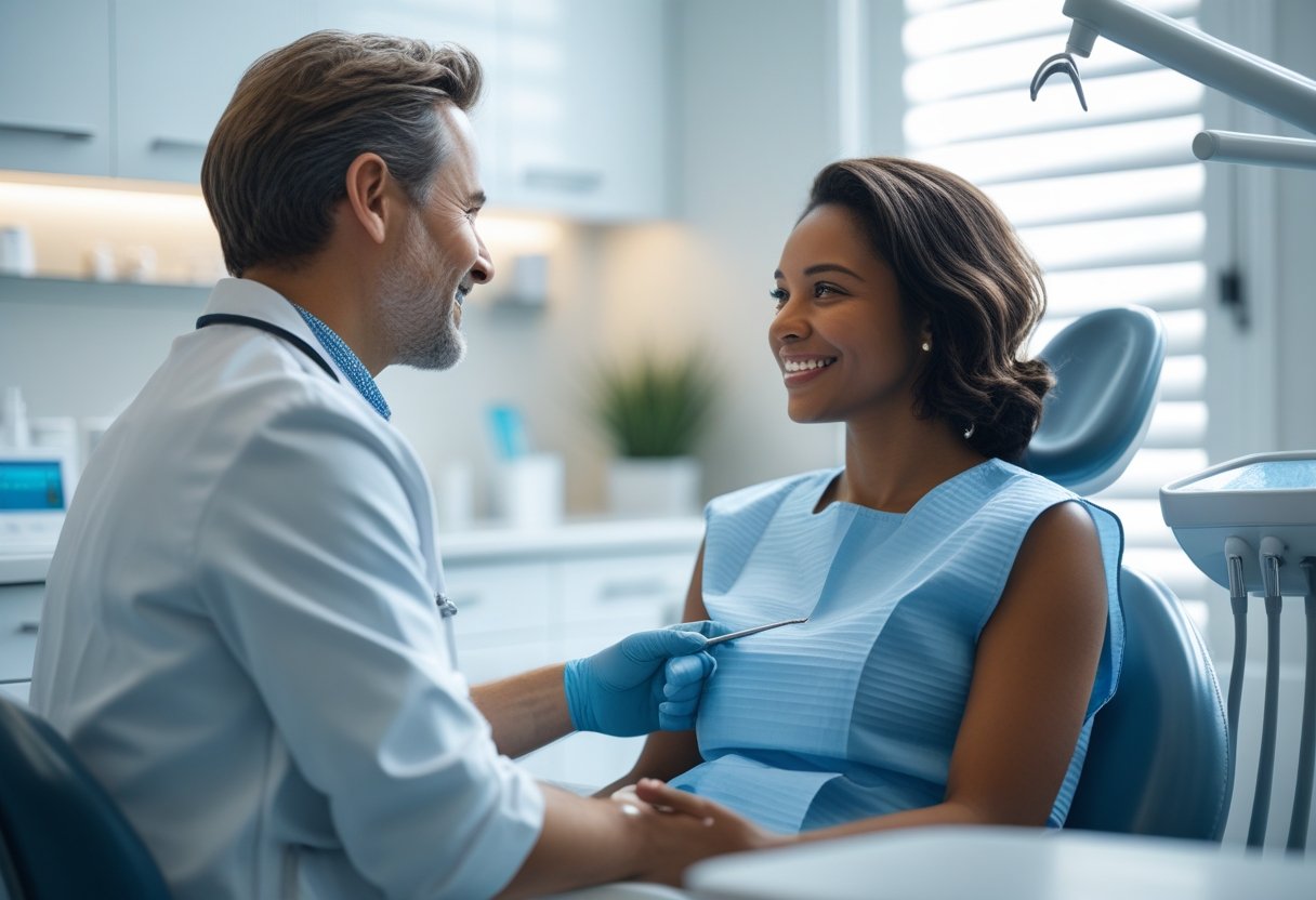 Dentist and patient having a friendly conversation in a modern dental clinic.