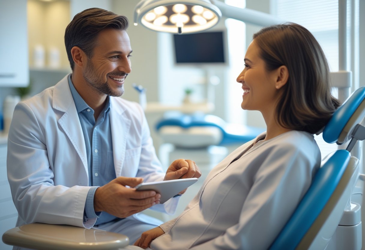 A dentist and a patient having a friendly consultation in a modern dental clinic.