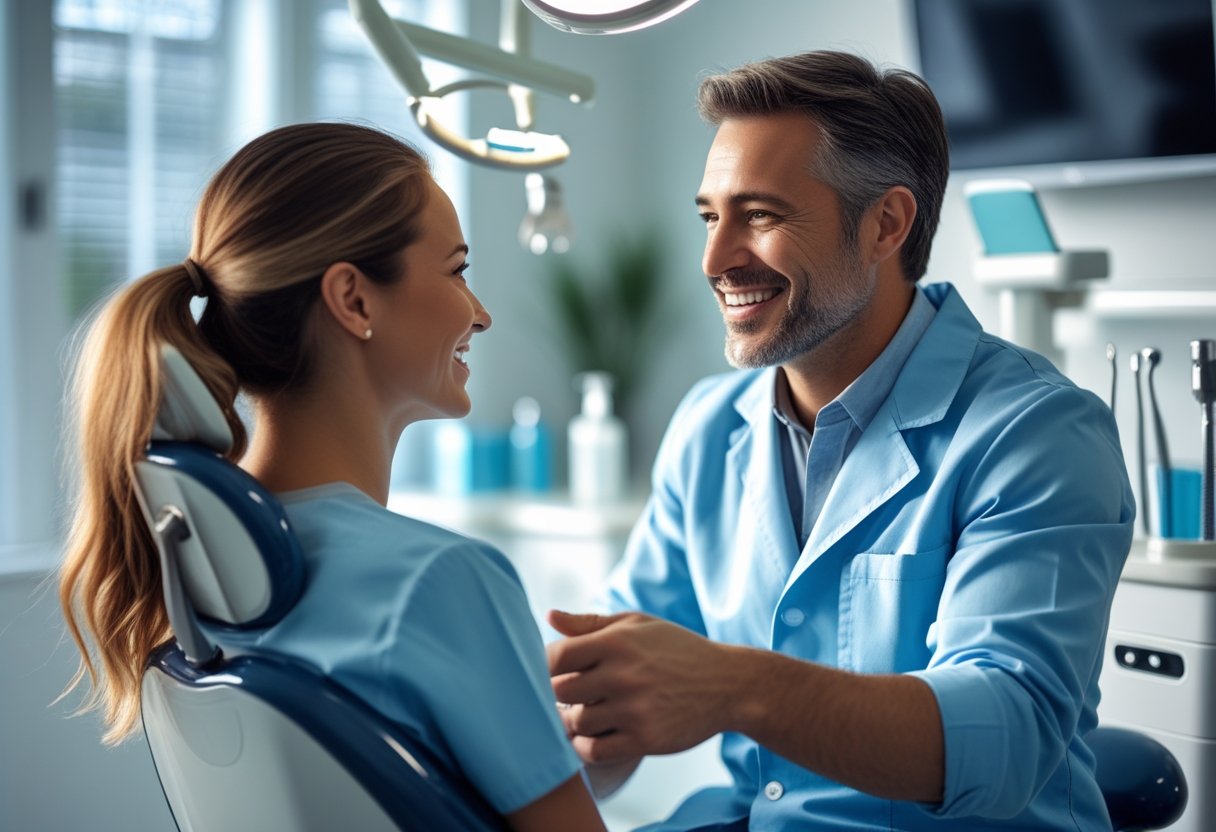 A dentist and patient talking in a modern dental clinic during a consultation.