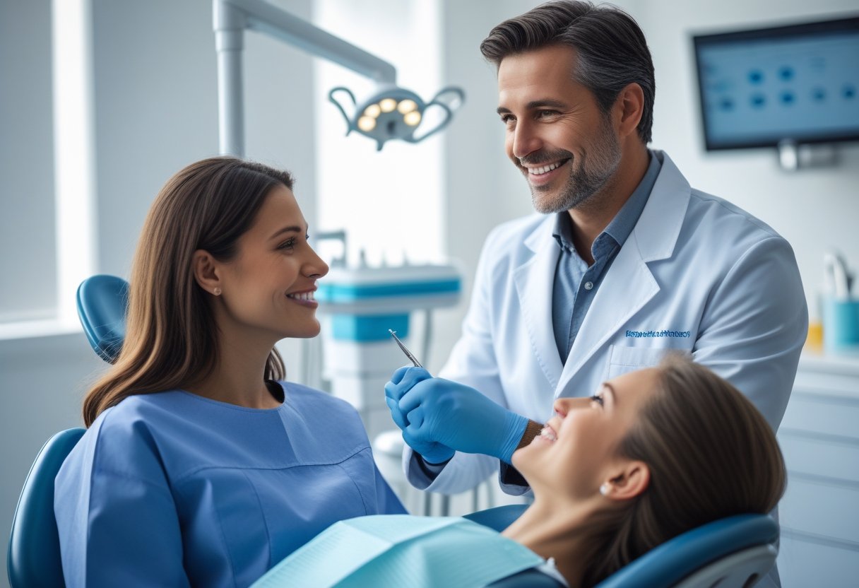 A dentist and patient having a friendly consultation in a modern dental clinic.