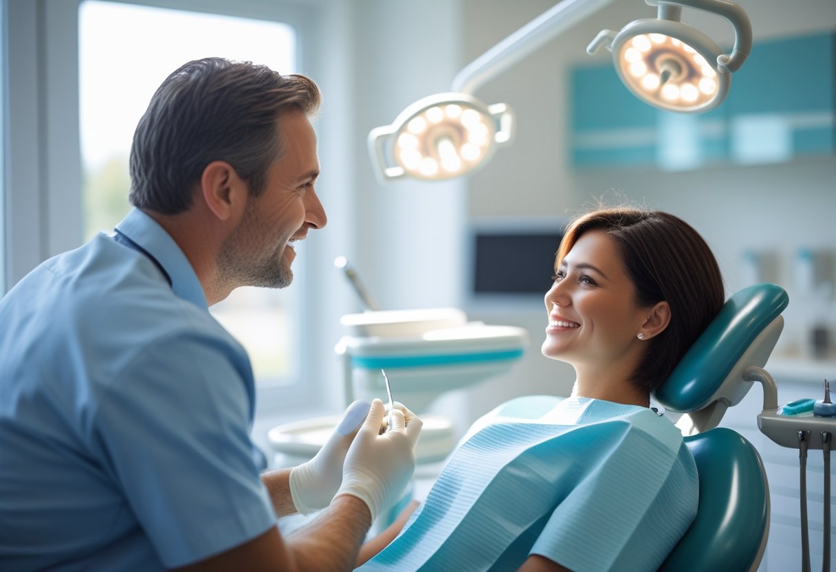 A dentist and patient having a friendly conversation during a dental consultation in a modern dental clinic.