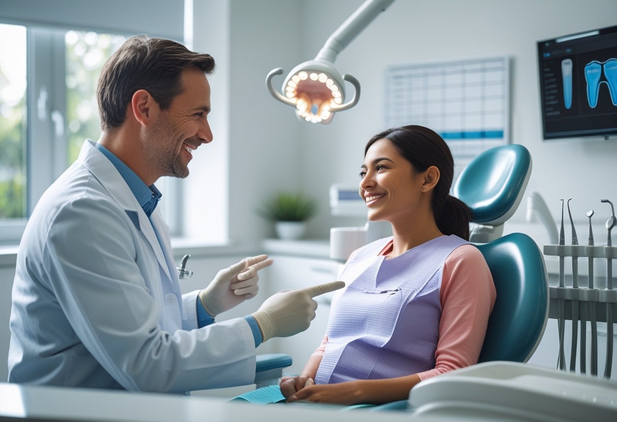 A dentist and patient having a friendly conversation during a dental consultation in a modern clinic.