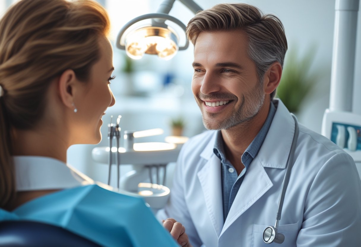 A dentist and patient having a friendly consultation in a modern dental clinic.
