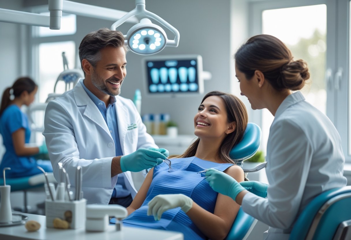 A dentist explains dental care options to a patient in a modern clinic while another practitioner discusses alternative dental methods nearby.