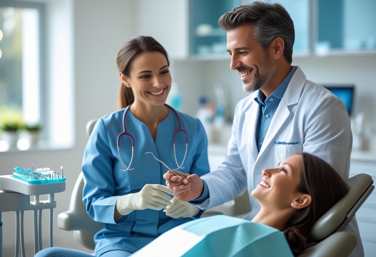 A dentist and patient having a friendly consultation in a modern dental clinic.
