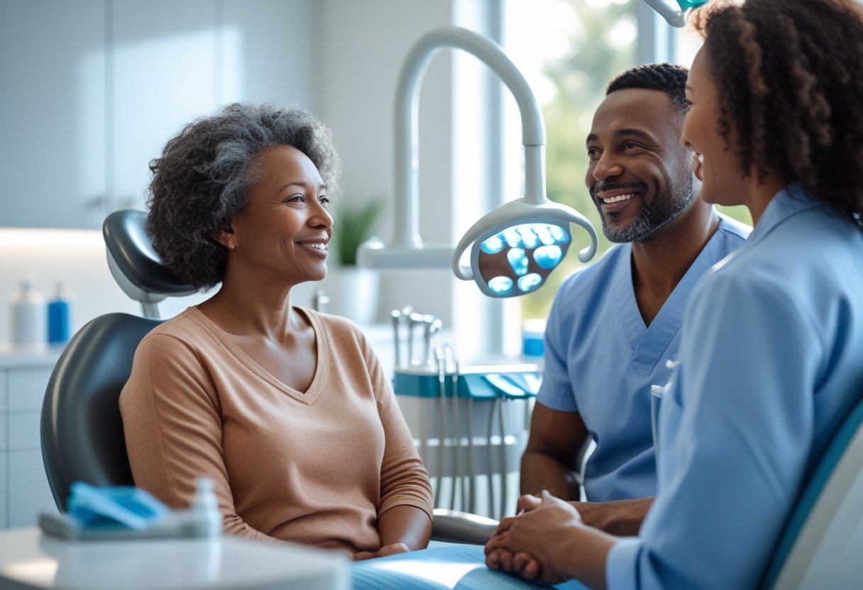 A dentist and patient talking in a modern dental clinic, sharing a friendly and informative moment.