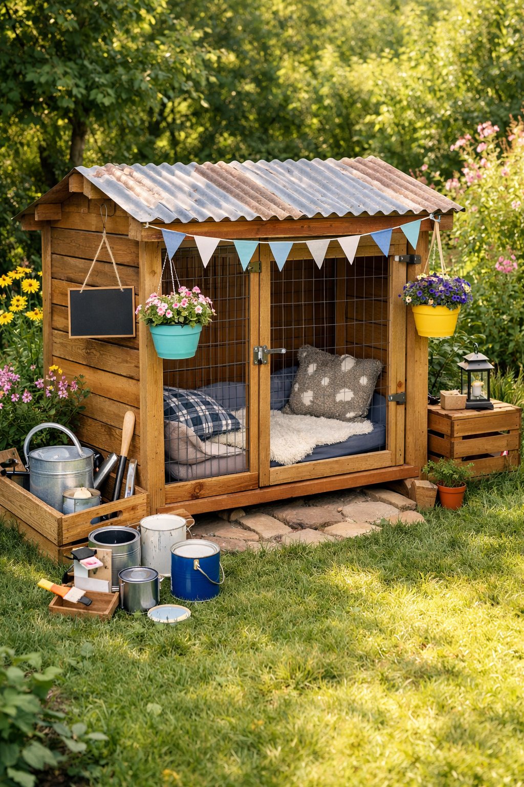 An outdoor wooden dog kennel in a backyard surrounded by grass and plants, with cozy bedding and decorative planters nearby.